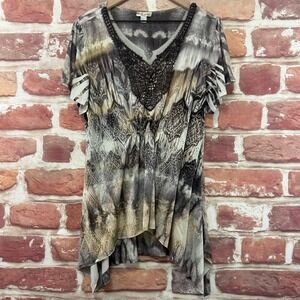 World Unity Tunic Top Womens 1X Multicolor Boho Abstract Embroidered Shirt